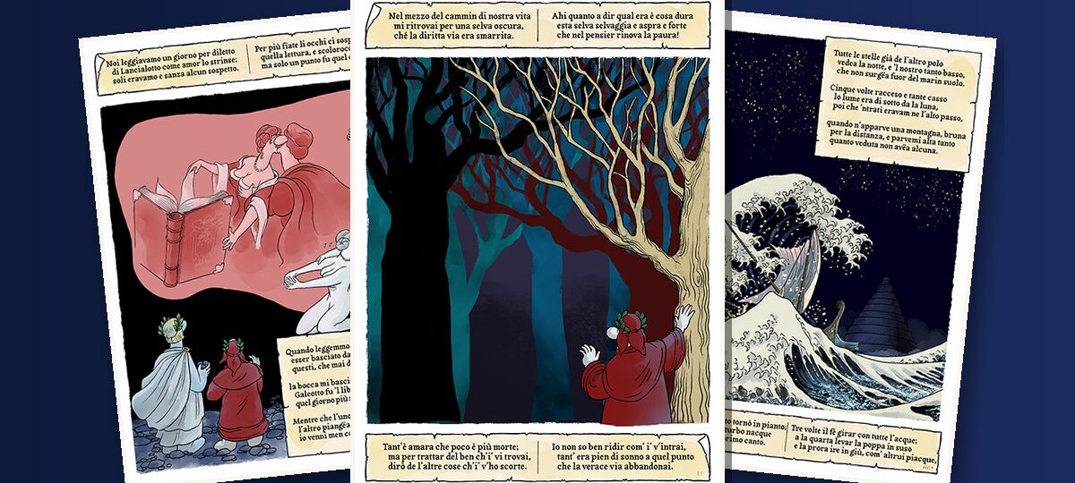 Tre tavole della Divina Commedia a fumetti di Emilio Guazzone: la selva oscura, Paolo e Francesca e la nave di Ulisse