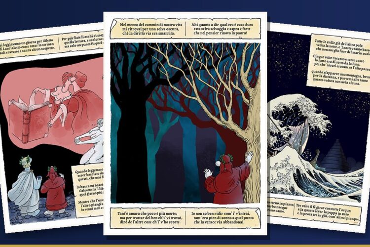 Tre tavole della Divina Commedia a fumetti di Emilio Guazzone: la selva oscura, Paolo e Francesca e la nave di Ulisse