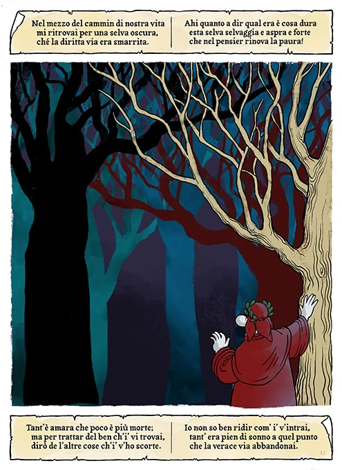Divina Commedia a fumetti di Emilio Guazzone, Inferno Canto I: Dante di spalle nella selva oscura con i versi «Nel mezzo del cammin di nostra vita»