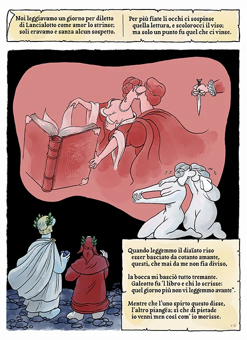 Divina Commedia a fumetti di Emilio Guazzone, Inferno Canto V: Paolo e Francesca con il libro di Lancillotto, Dante e Virgilio in ascolto